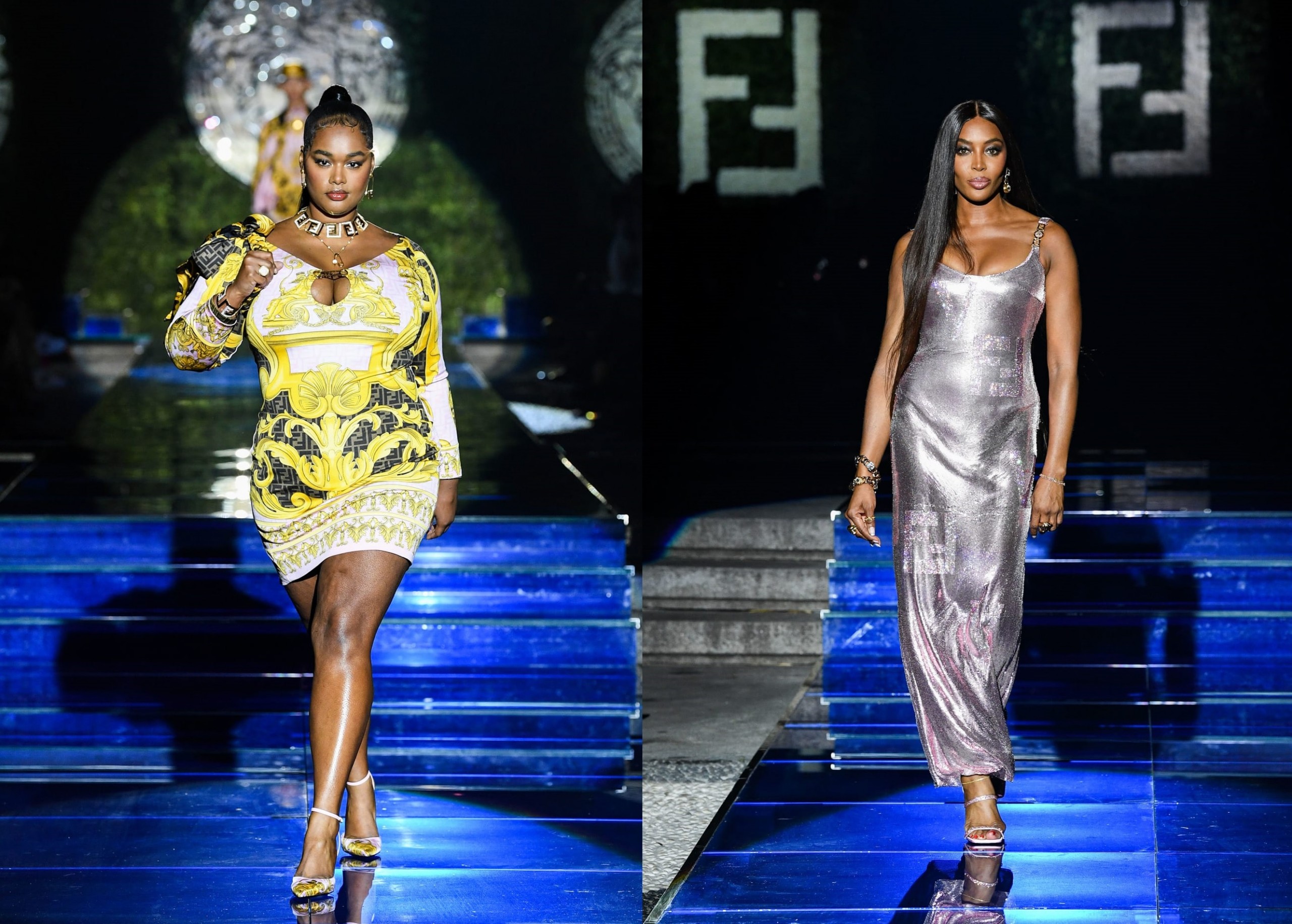 Naomi Campbell and another model in the Fendi Versace collection