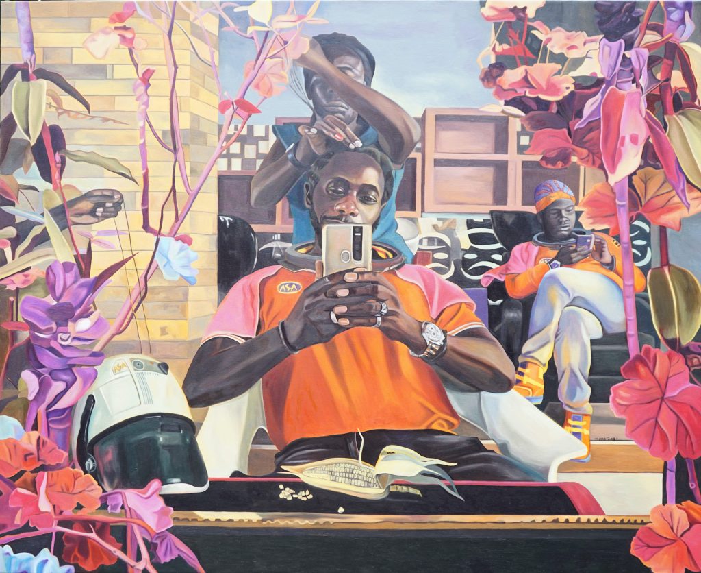 A painting depicting a man holding a phone while a woman works on his hair by Henry Mzili Mujunga